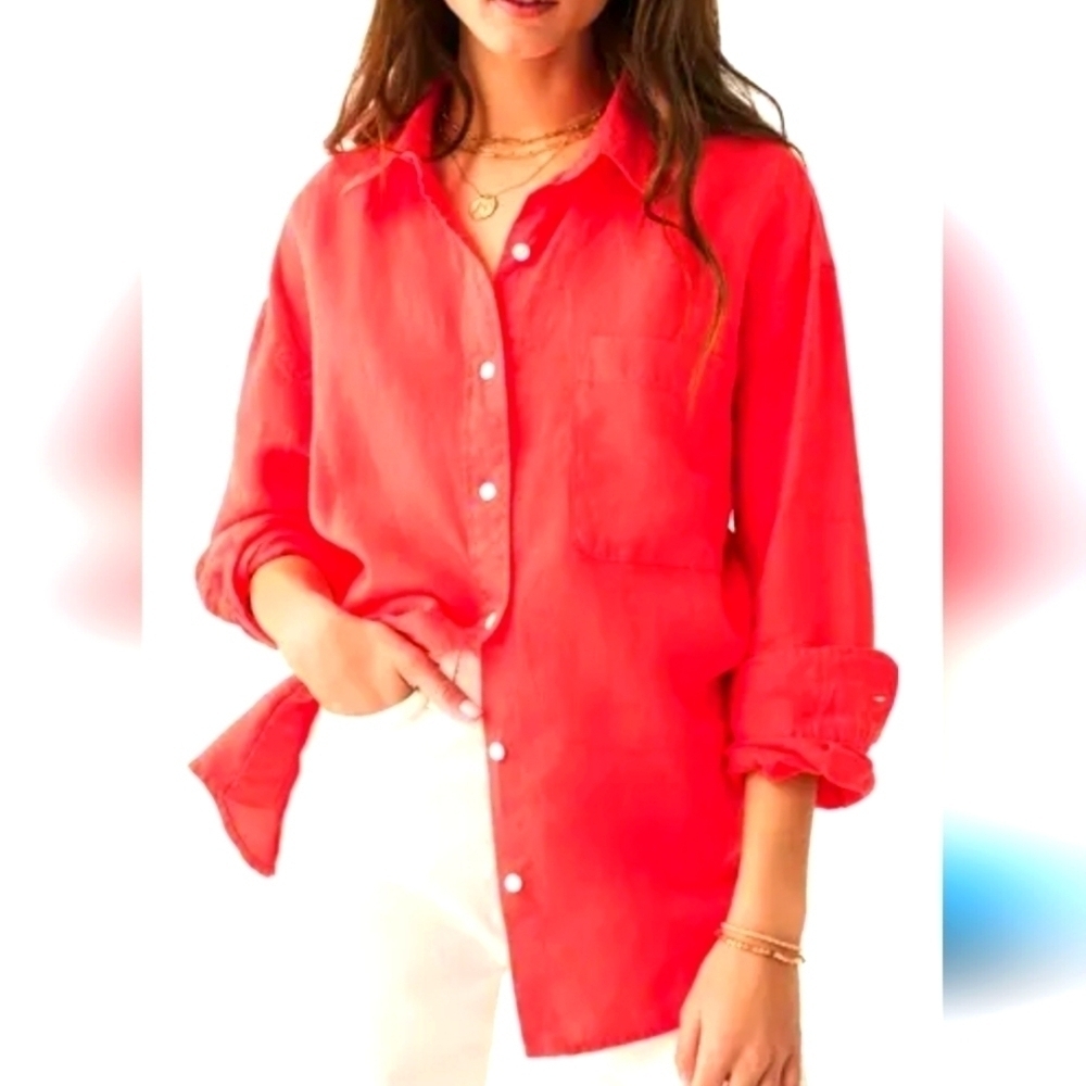 Land's End Linen Brigh Pink Button Up Long Sleeve Tunic Shirt Size XS